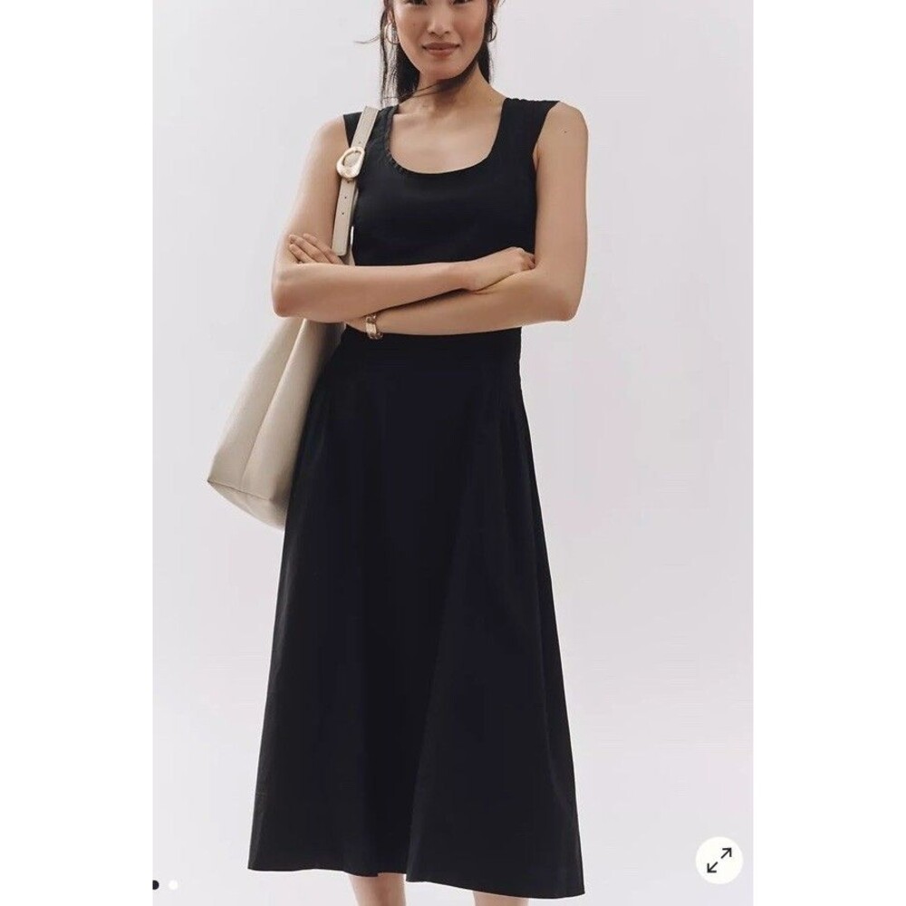 Anthropologie Sleeveless Scoop-neck Black Cotton Midi Dress, XS New‎